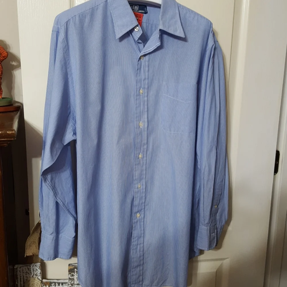 Polo Ralph Lauren blue white stripe dress shirt long sl 100% cotton 16 1/2 EUC…
